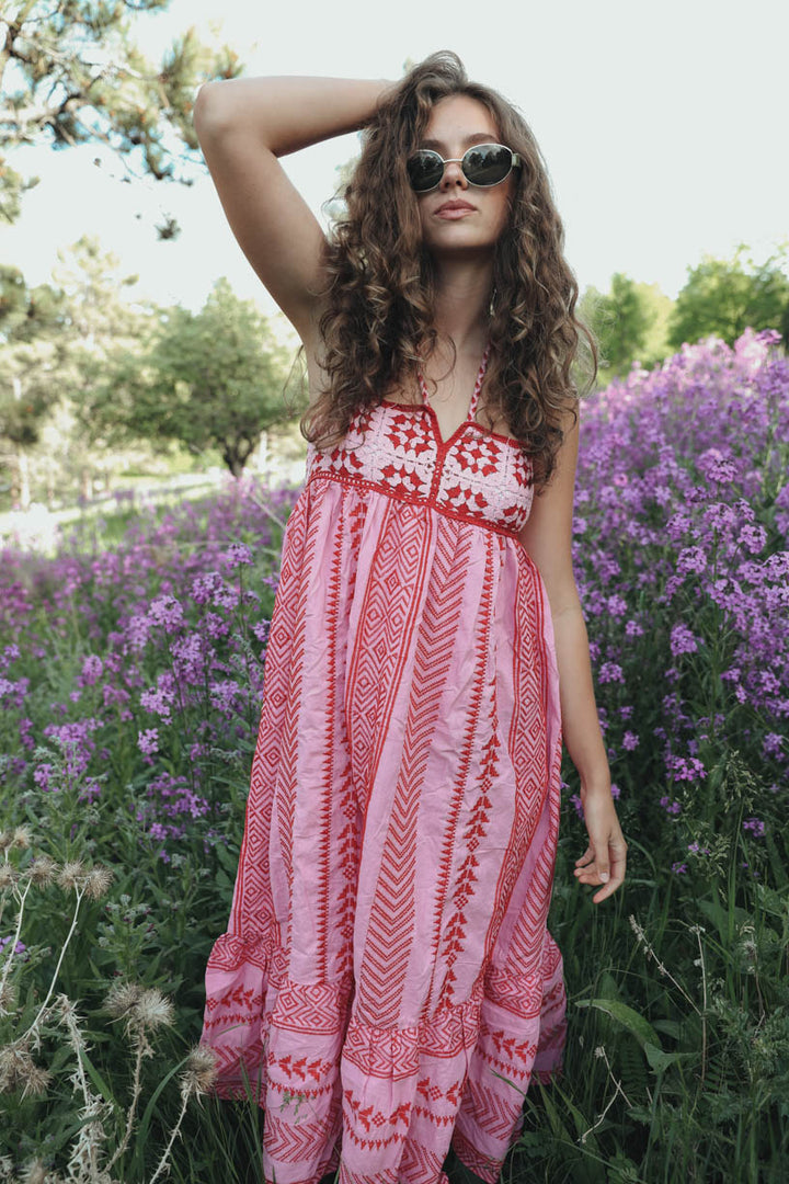 Statement Elisa Printed Embroidered Camisole Midi Dress with Lace Up Detail Evening Wear Edit