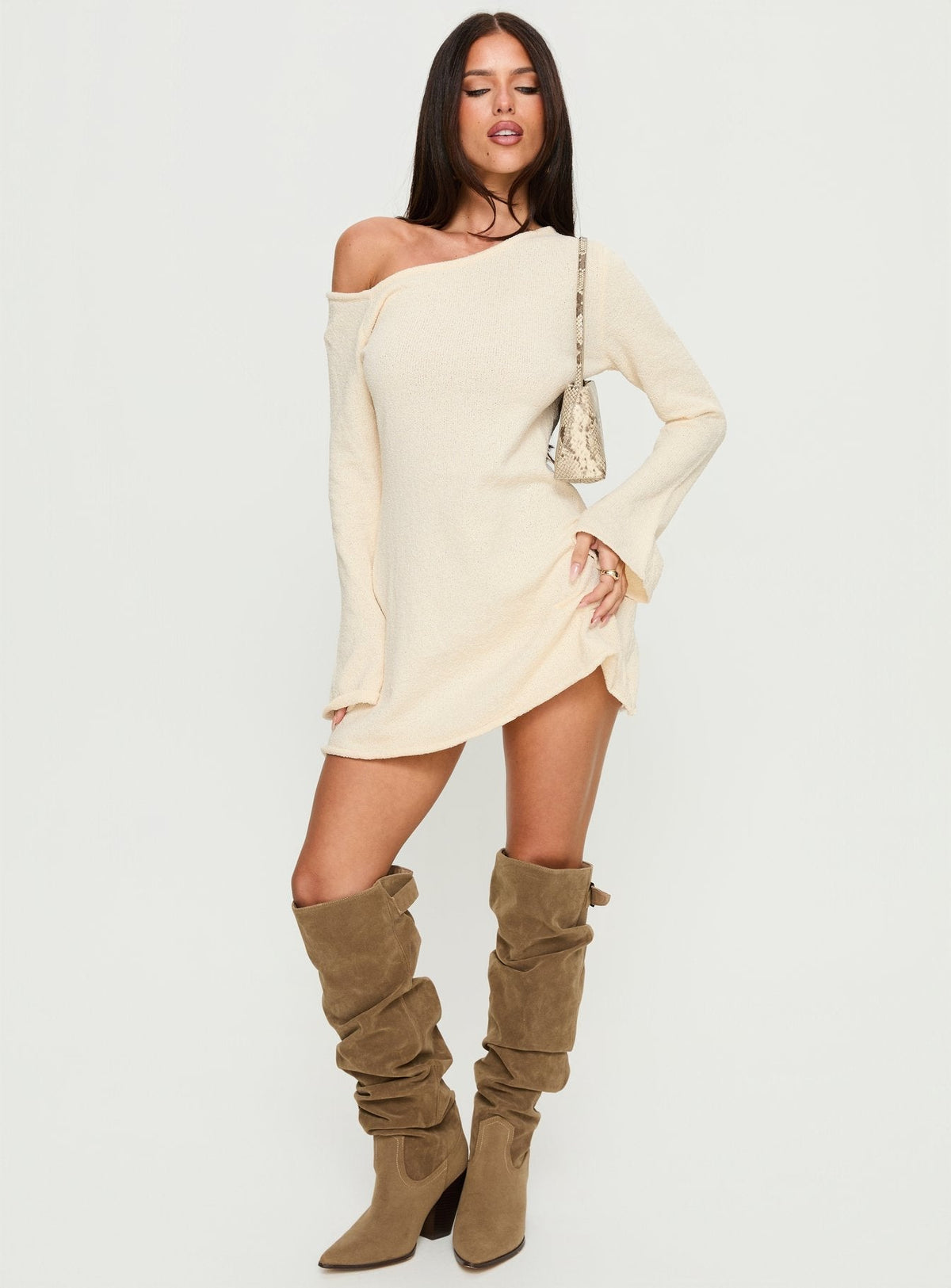 Knit Off Shoulder Long Flare Sleeve Mini Sweater Dress 2