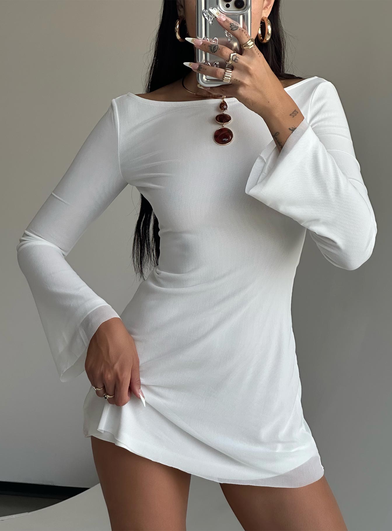 Boat Neck Long Sleeve Mesh Bodycon Mini Dress 2