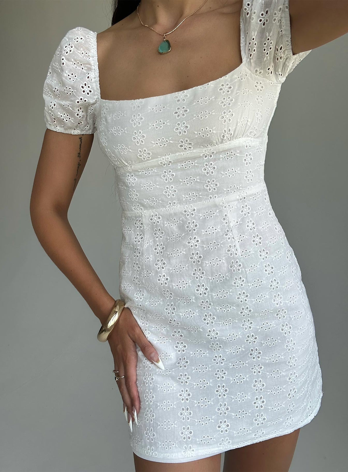 Eyelet Embroidered Puff Sleeve Square Neck Lace Up Back Mini Dress 9