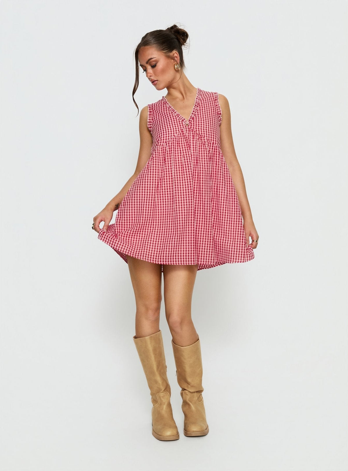 Gingham Ruffle Trim V-Neck Sleeveless Babydoll Mini Dress 2