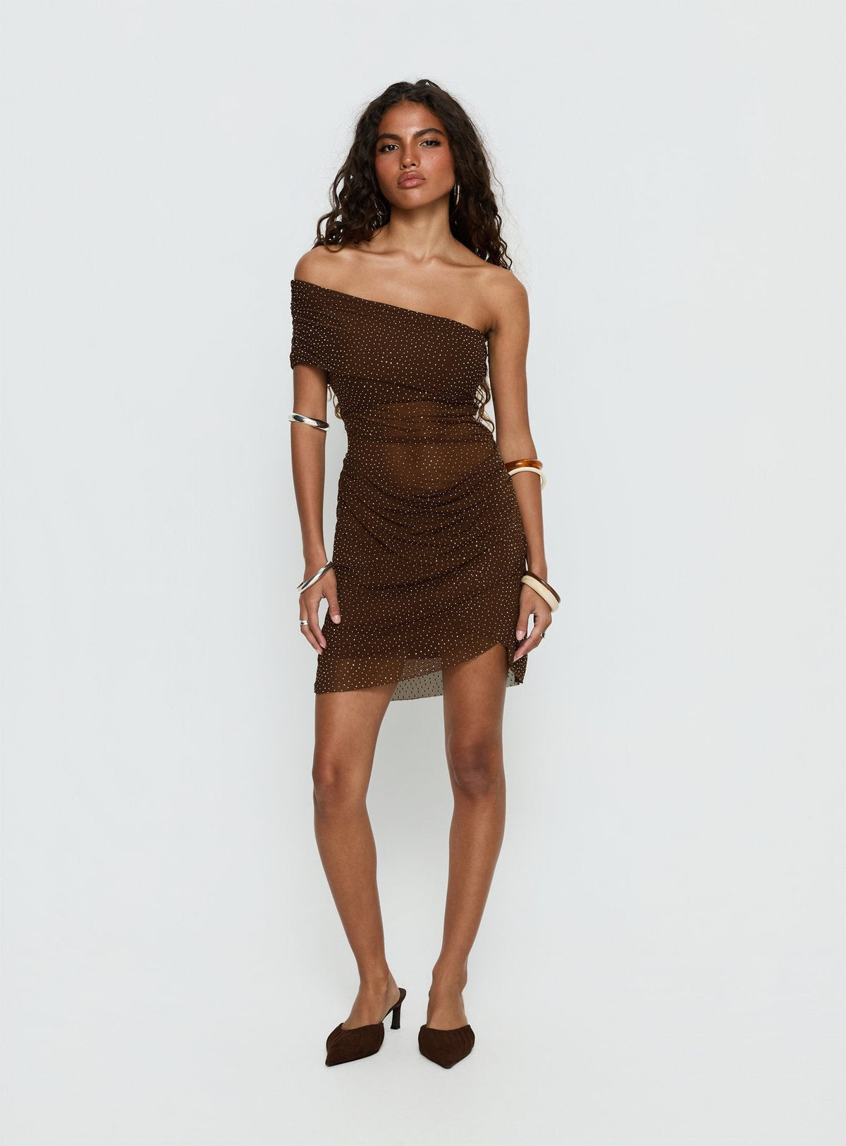 Sheer Shimmer Mesh Off Shoulder Draped Bodycon Mini Dress 3