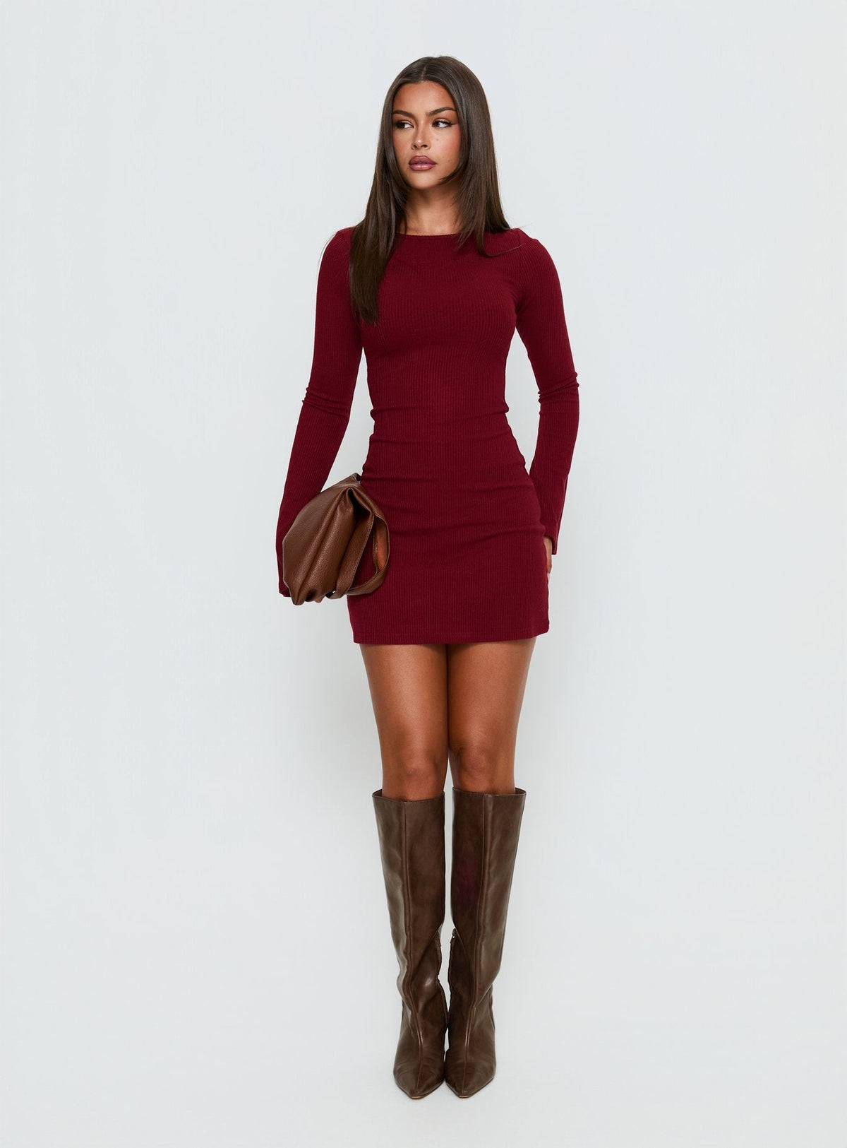 Ribbed Knit Crew Neck Flared Long Sleeve Bodycon Mini Dress 3