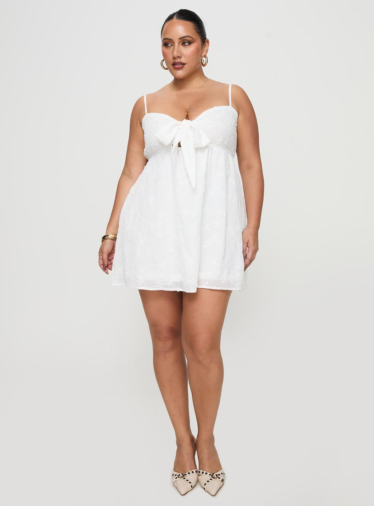 Embroidered Tie Front Bust Spaghetti Strap Babydoll Mini Dress 3