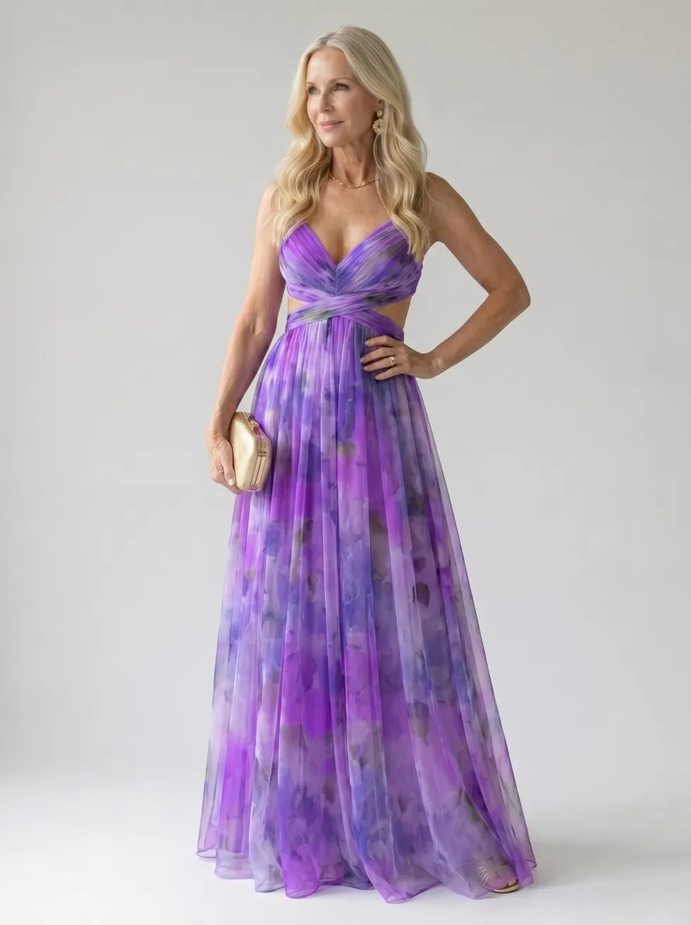 Floral V-Neck Twist Front Sleeveless Mesh Maxi Dress
