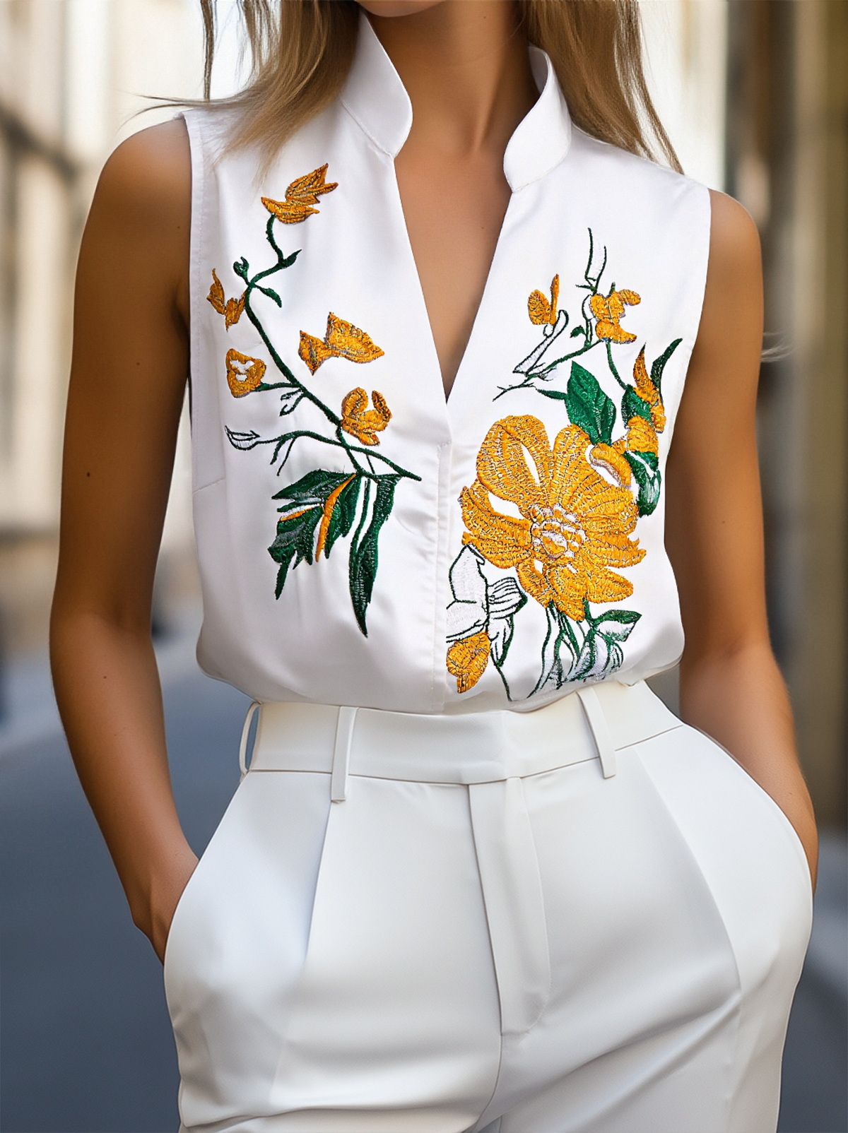 Stand Collar Sleeveless Floral Embroidered V-Neck Blouse