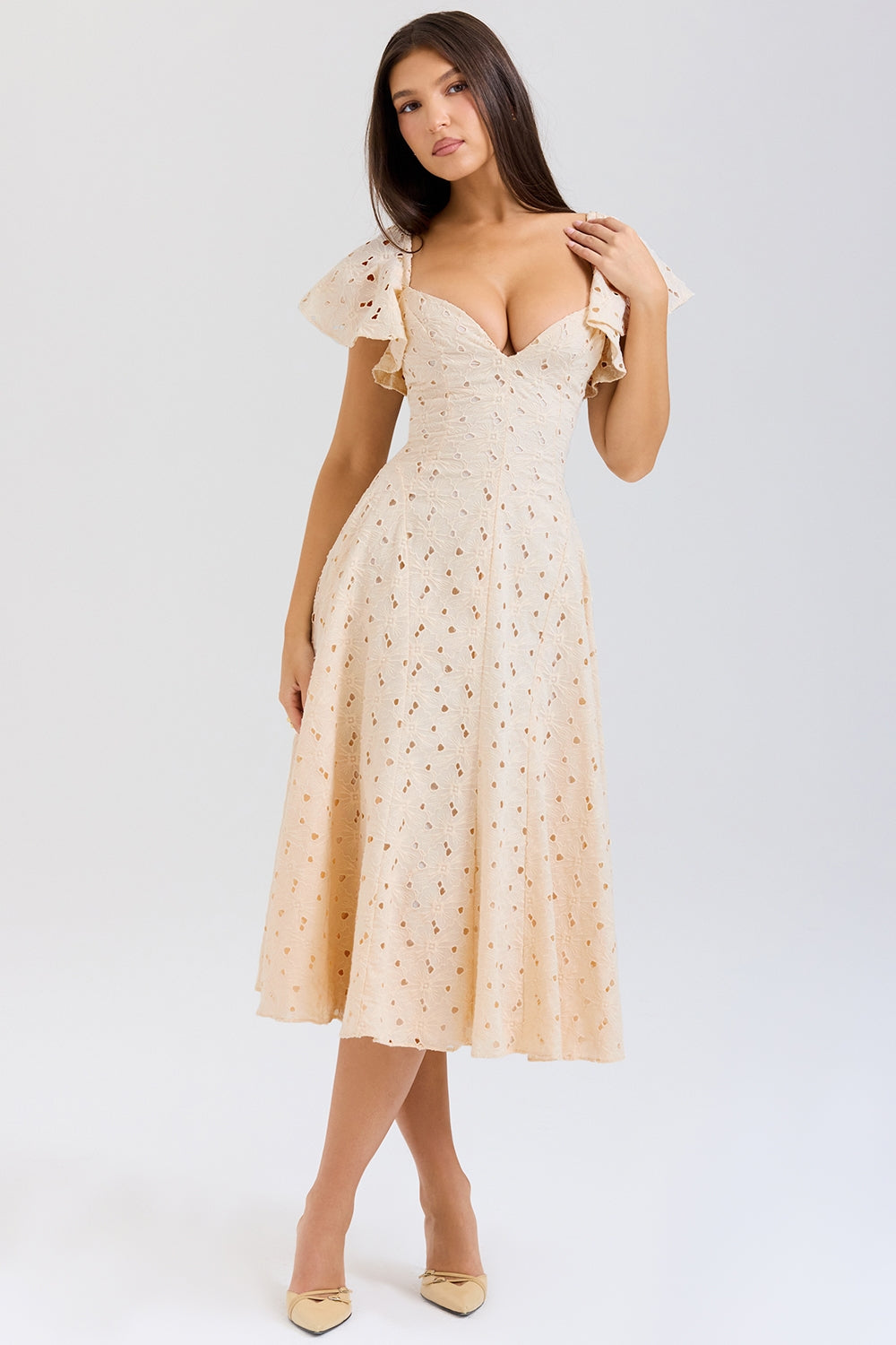 Broderie Anglaise Flutter Sleeve Sweetheart Fit and Flare Midi Dress