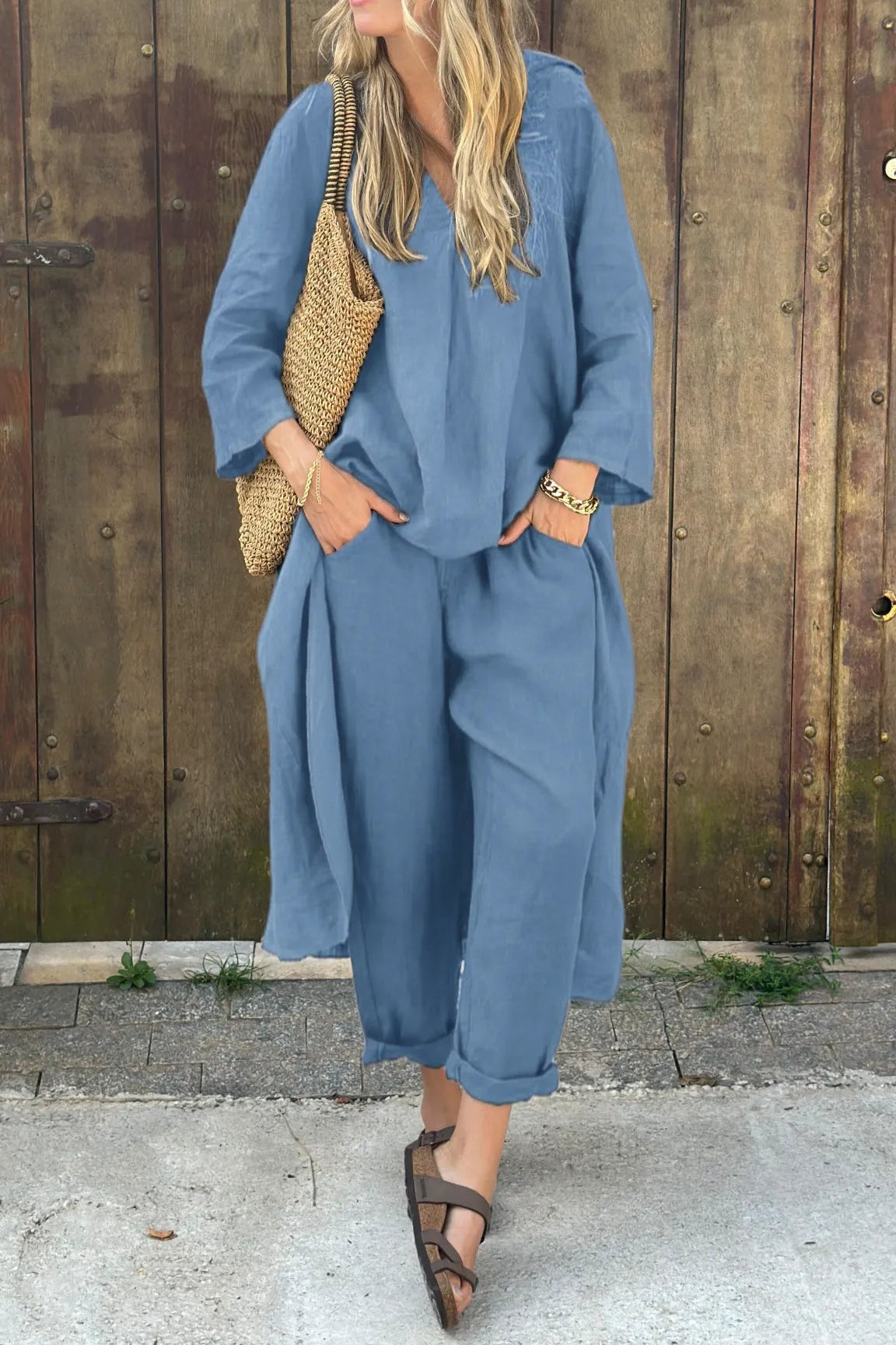 Long Sleeve V-Neck Tunic Top and Tapered Pants Two Piece Set