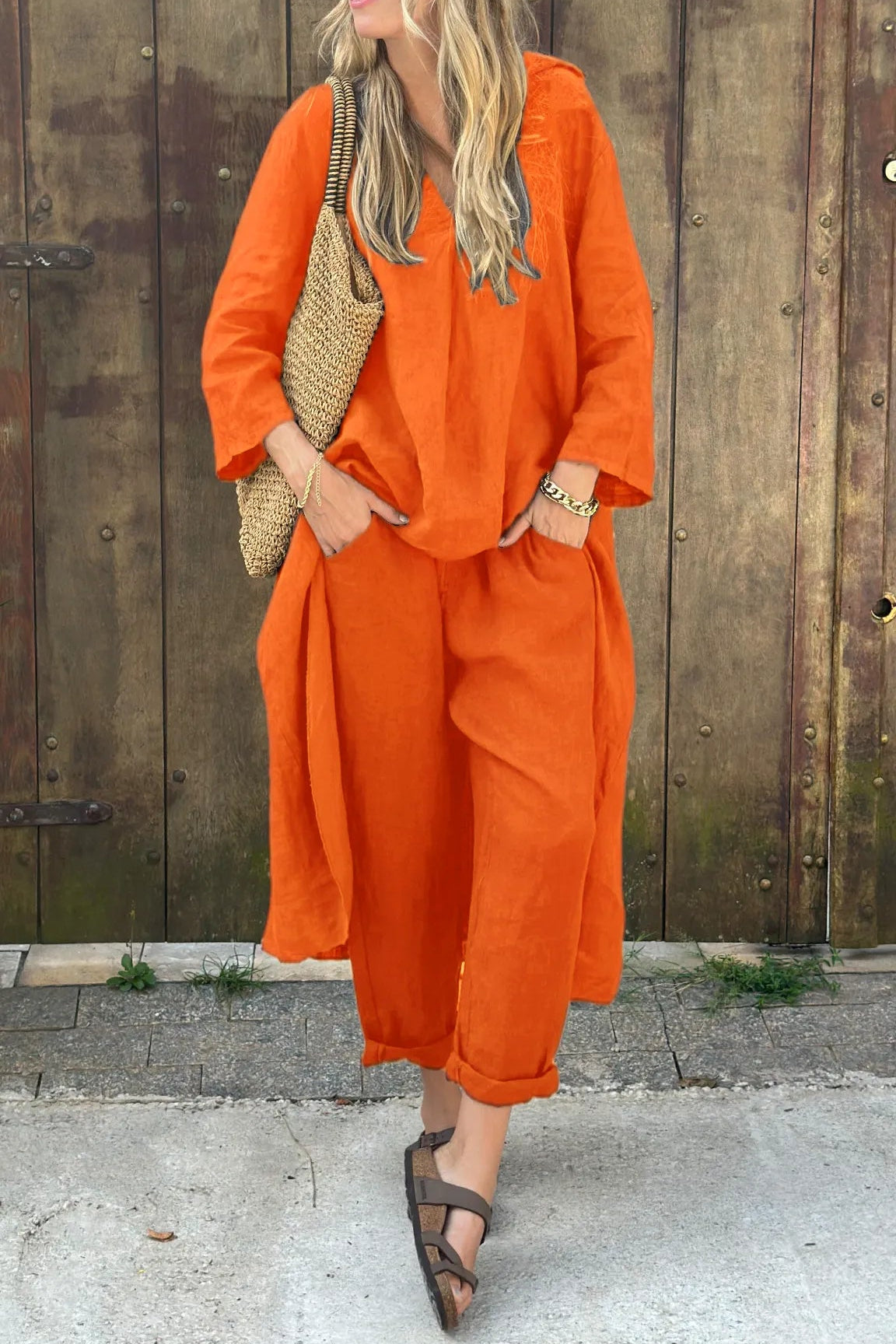 Long Sleeve V-Neck Tunic Top and Tapered Pants Two Piece Set
