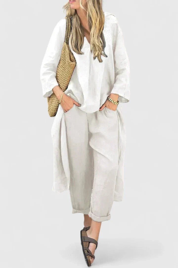 V-Neck Long Sleeve Top and Wide Leg Pants Two Piece Set