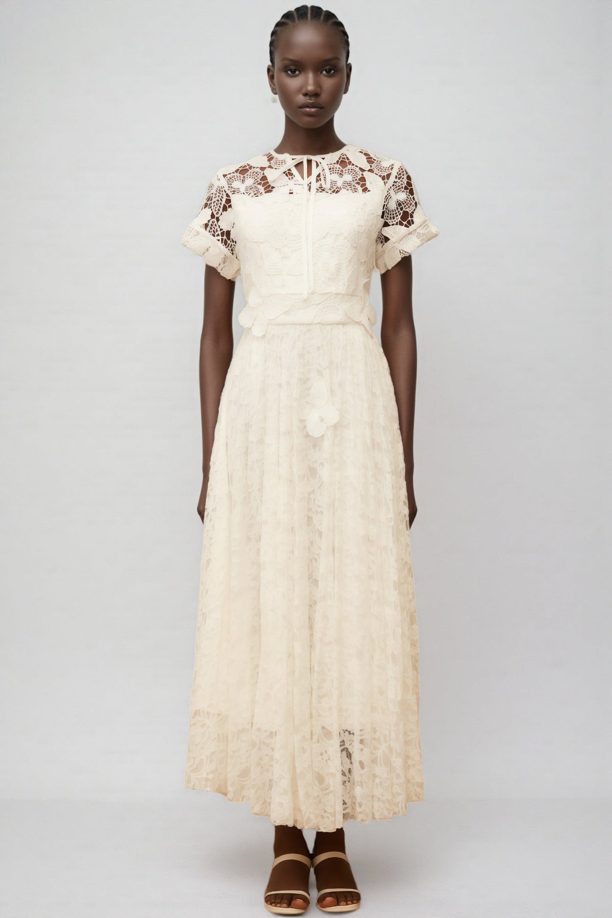 Short Sleeve Tie Neck Floral Applique Lace A-Line Maxi Dress 2