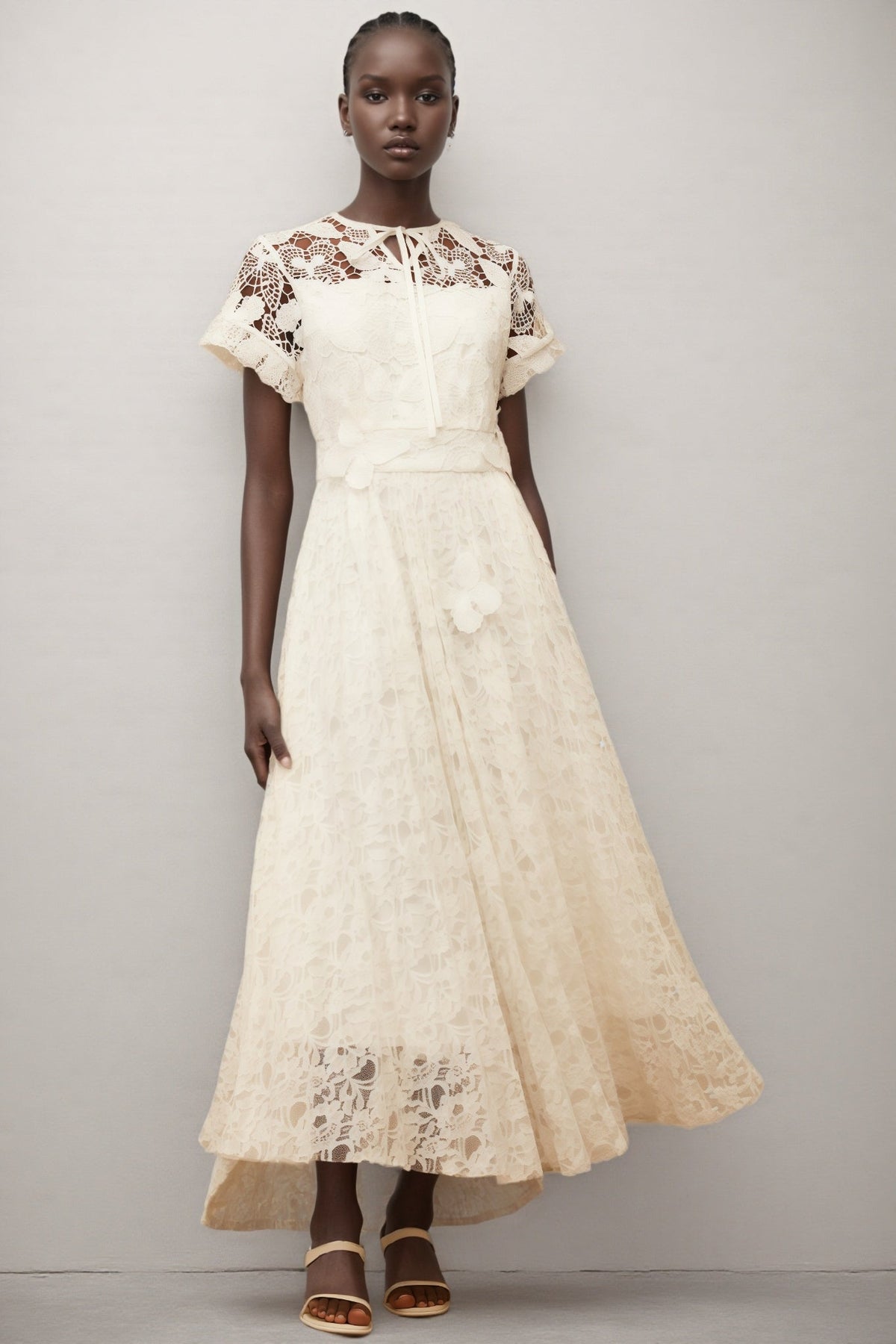 Tie Neck Short Sleeve Crochet Lace Yoke High Low Maxi Dress