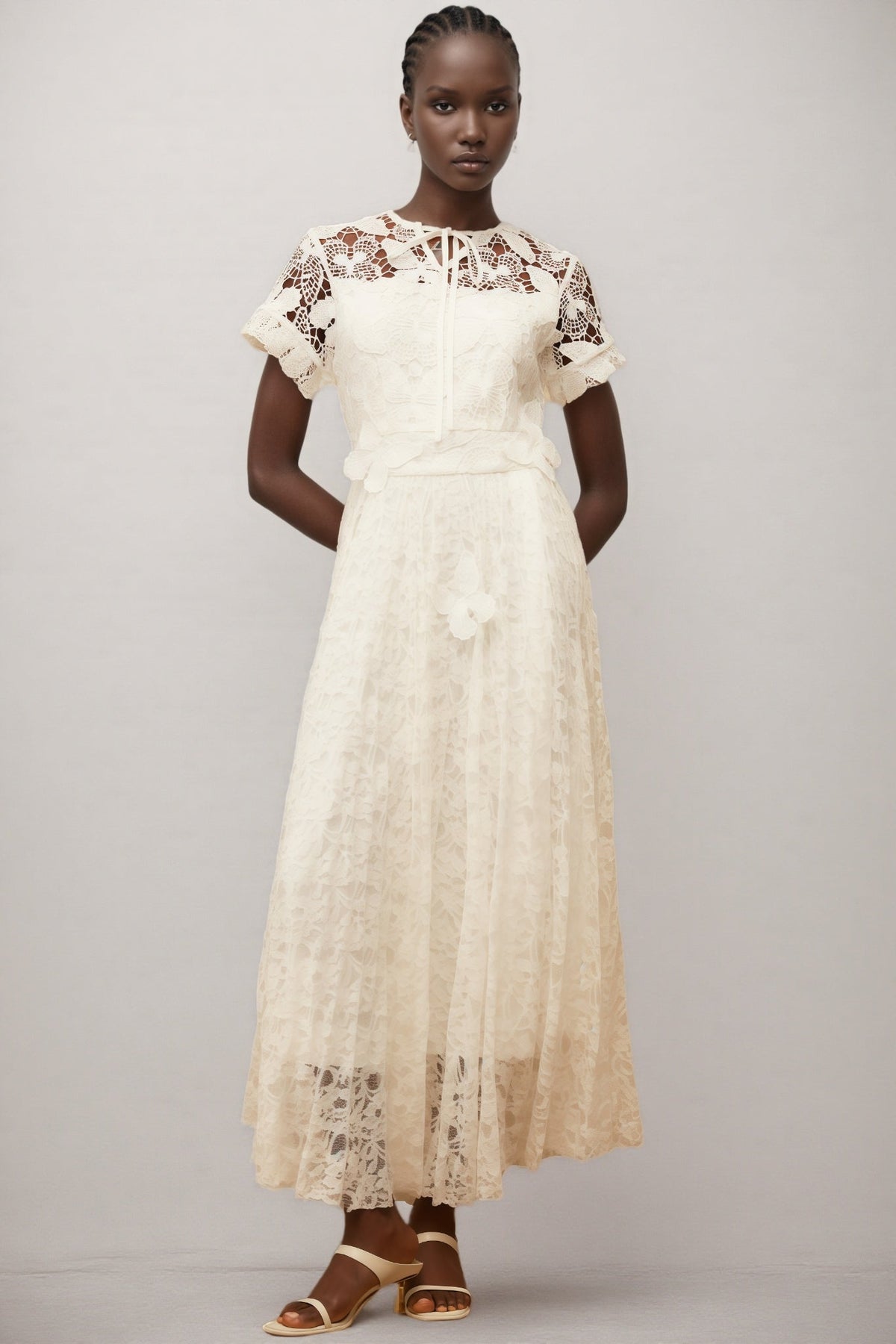 Short Sleeve Tie Neck Floral Applique Lace A-Line Maxi Dress