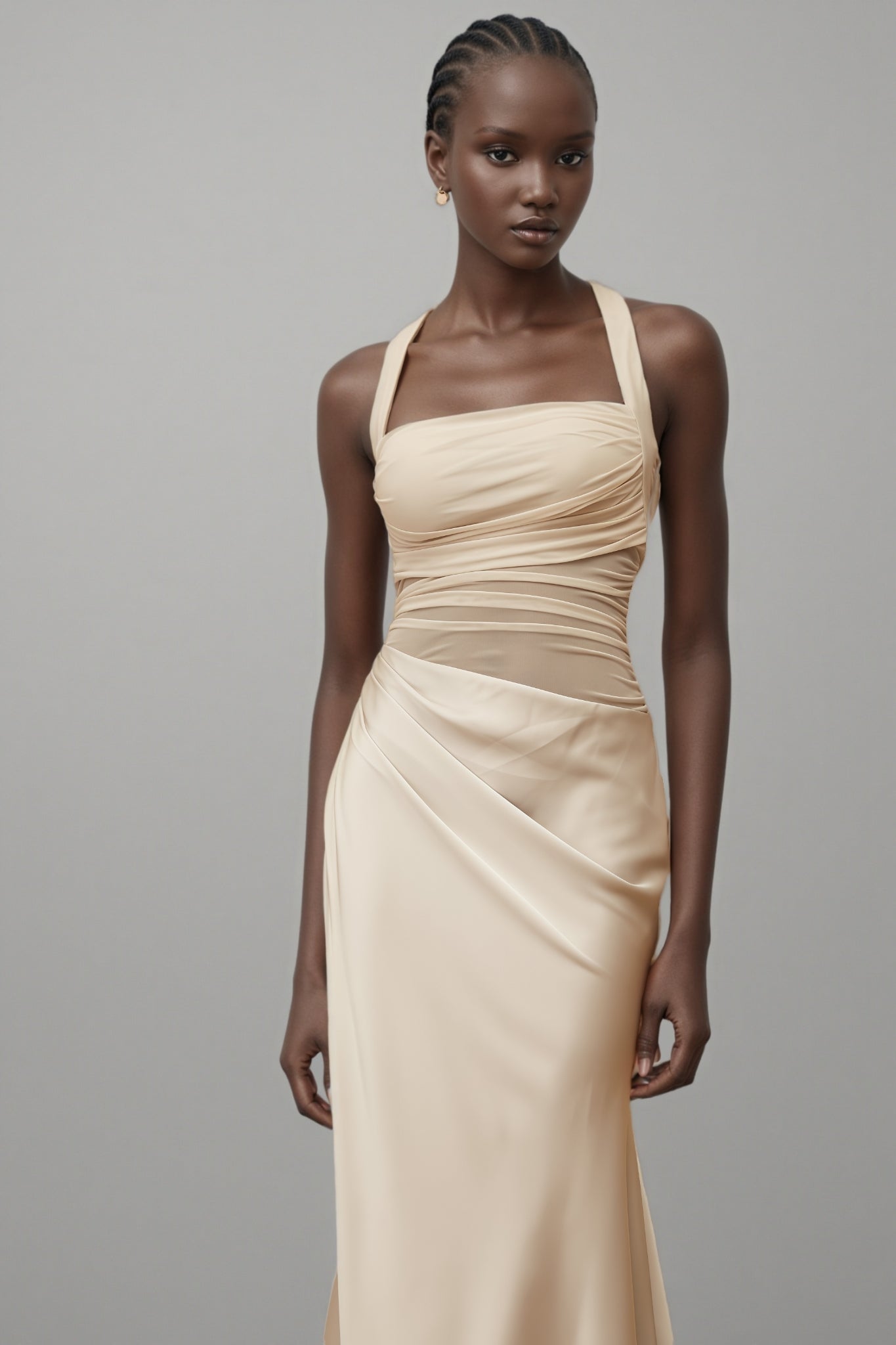 Freja Grey Mesh Panel Ruched Maxi Dress - View 5