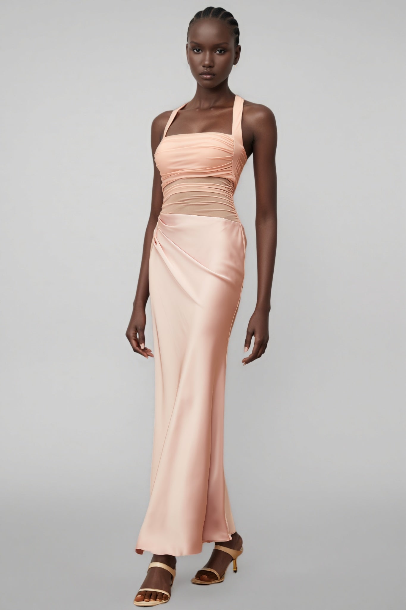 Devin Pink Mesh Panel Ruched Maxi Dress - View 4