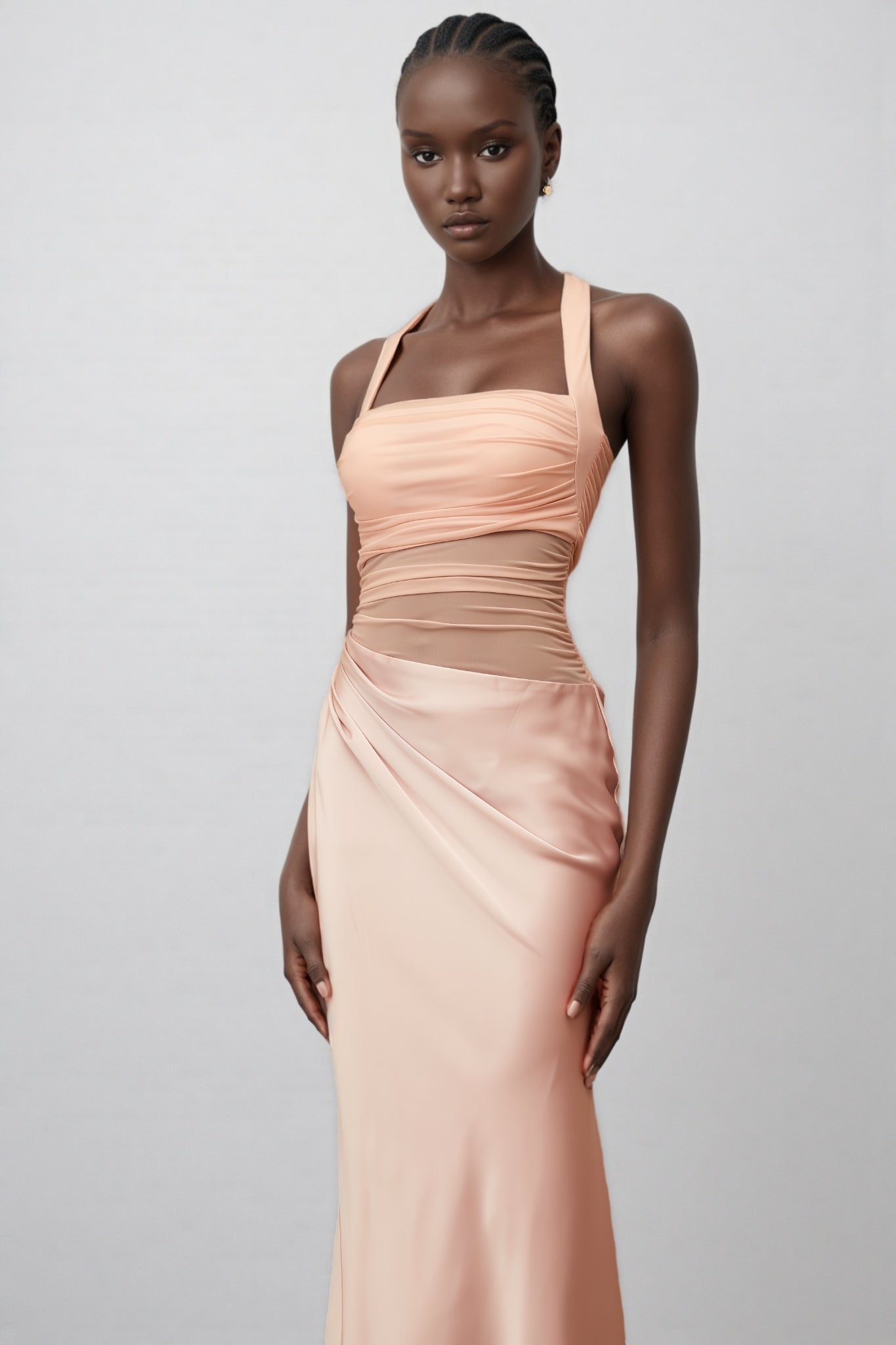 Devin Pink Mesh Panel Ruched Maxi Dress - View 7