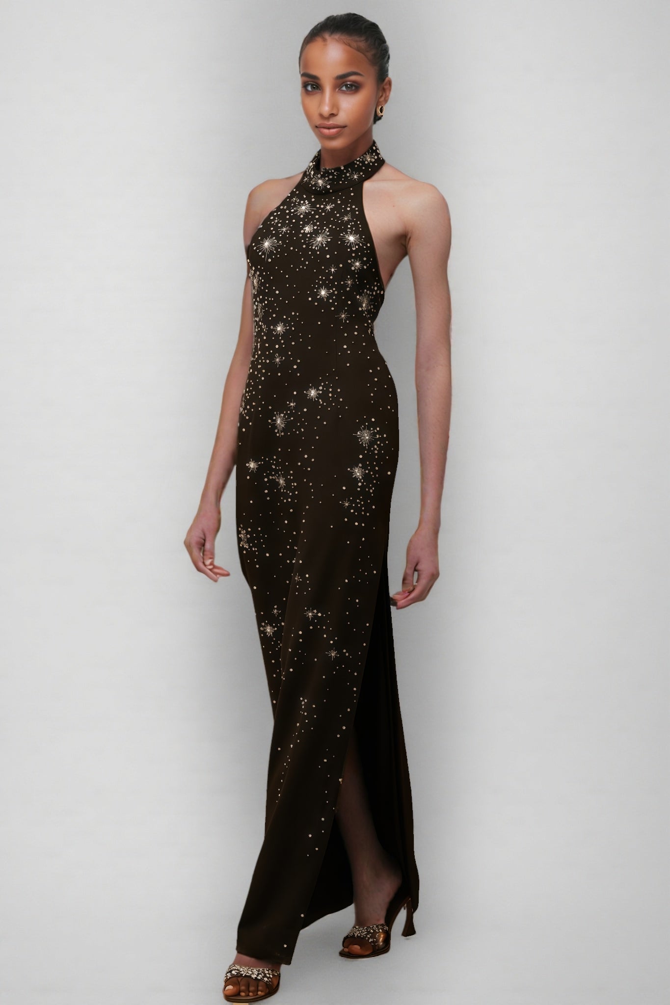 Starburst Embellished Halter Mock Neck Sleeveless Bodycon Maxi Gown