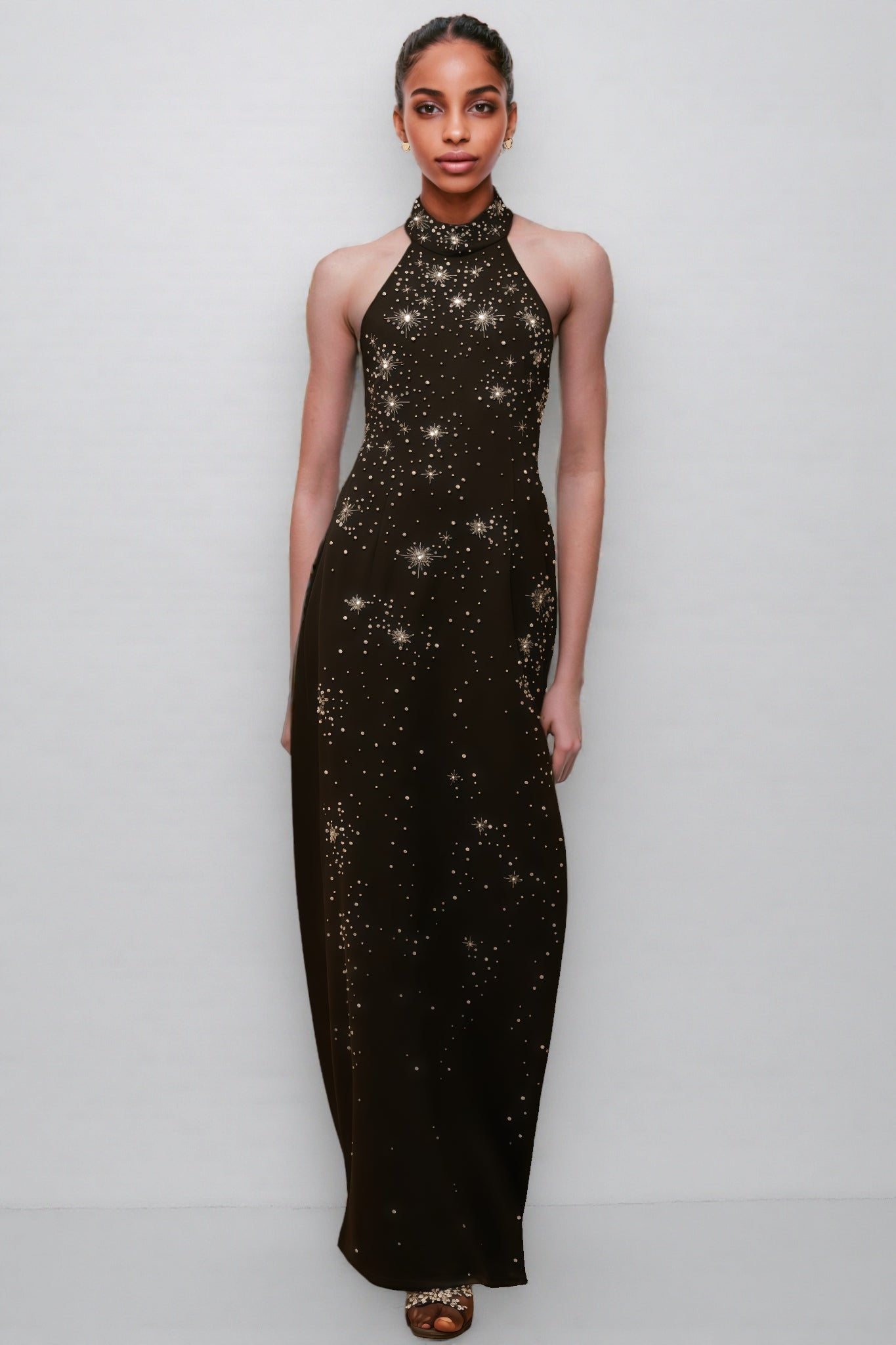 Starburst Embellished Halter Mock Neck Sleeveless Bodycon Maxi Gown