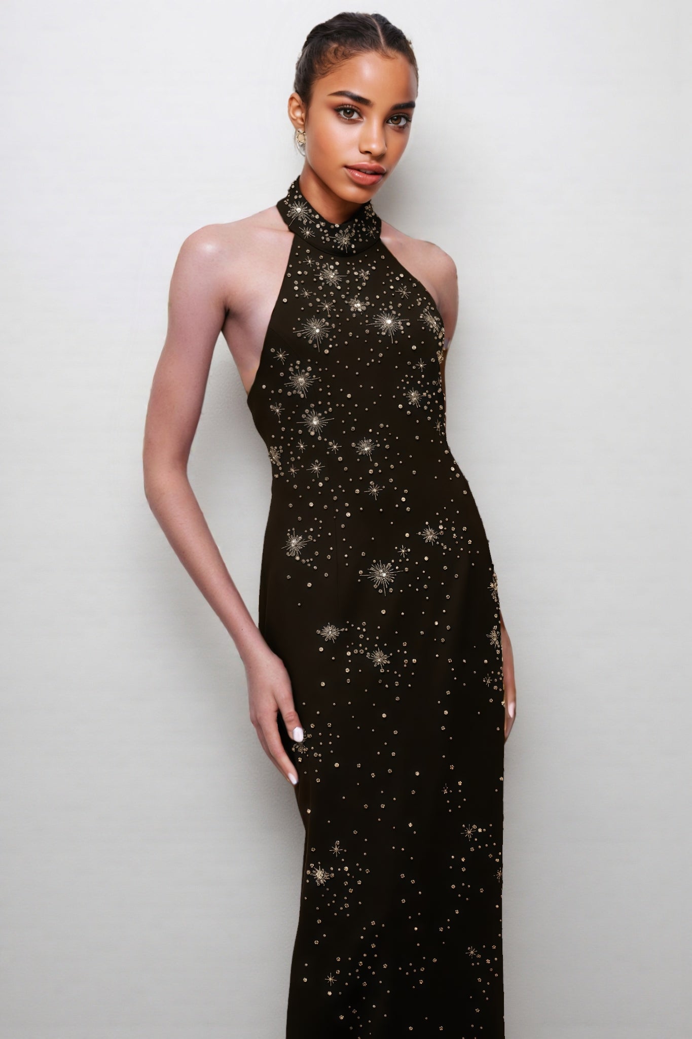 Starburst Embellished Halter Mock Neck Sleeveless Bodycon Maxi Gown
