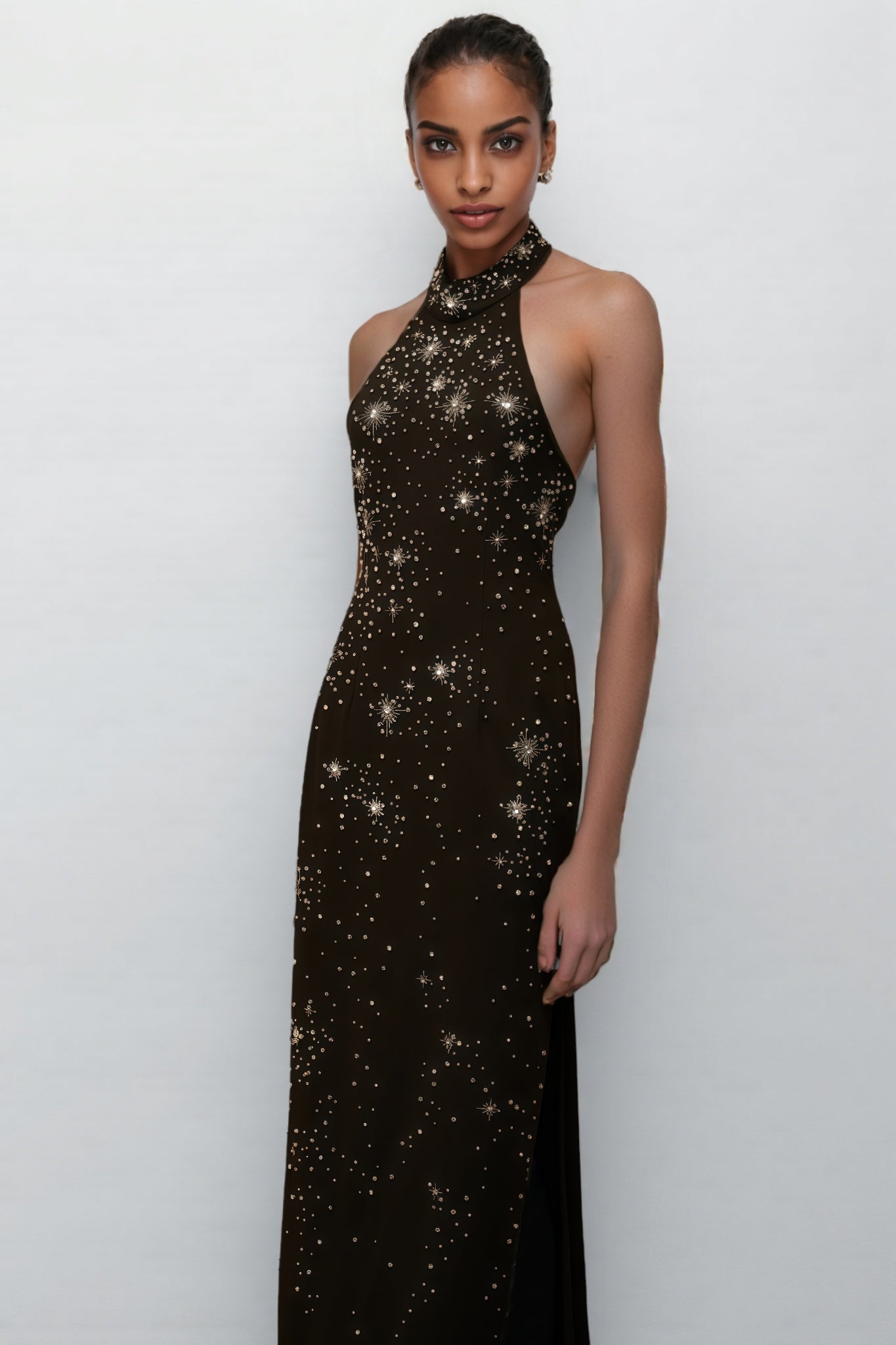 Starburst Embellished Halter Mock Neck Sleeveless Bodycon Maxi Gown