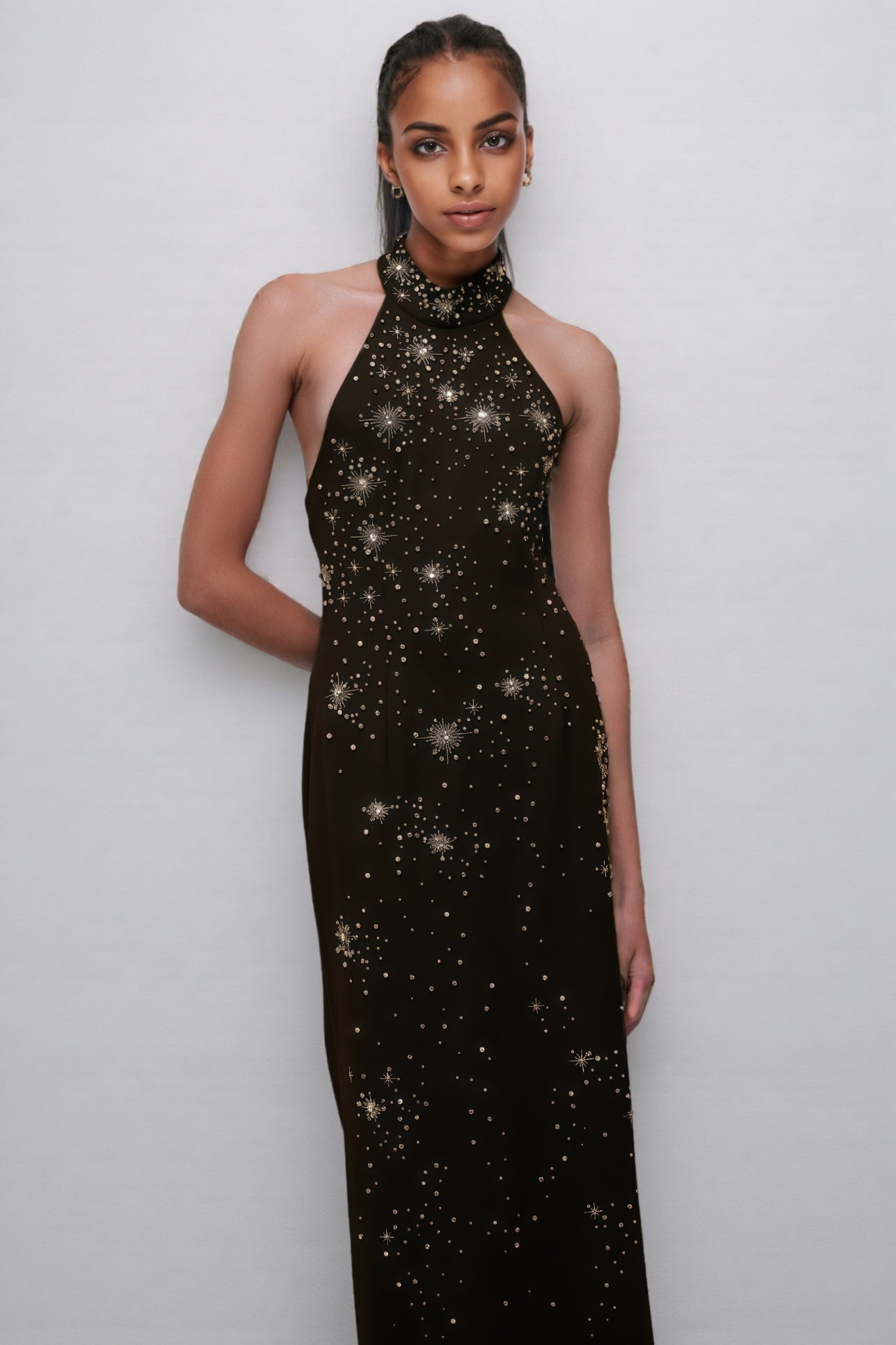 Starburst Embellished Halter Mock Neck Sleeveless Bodycon Maxi Gown