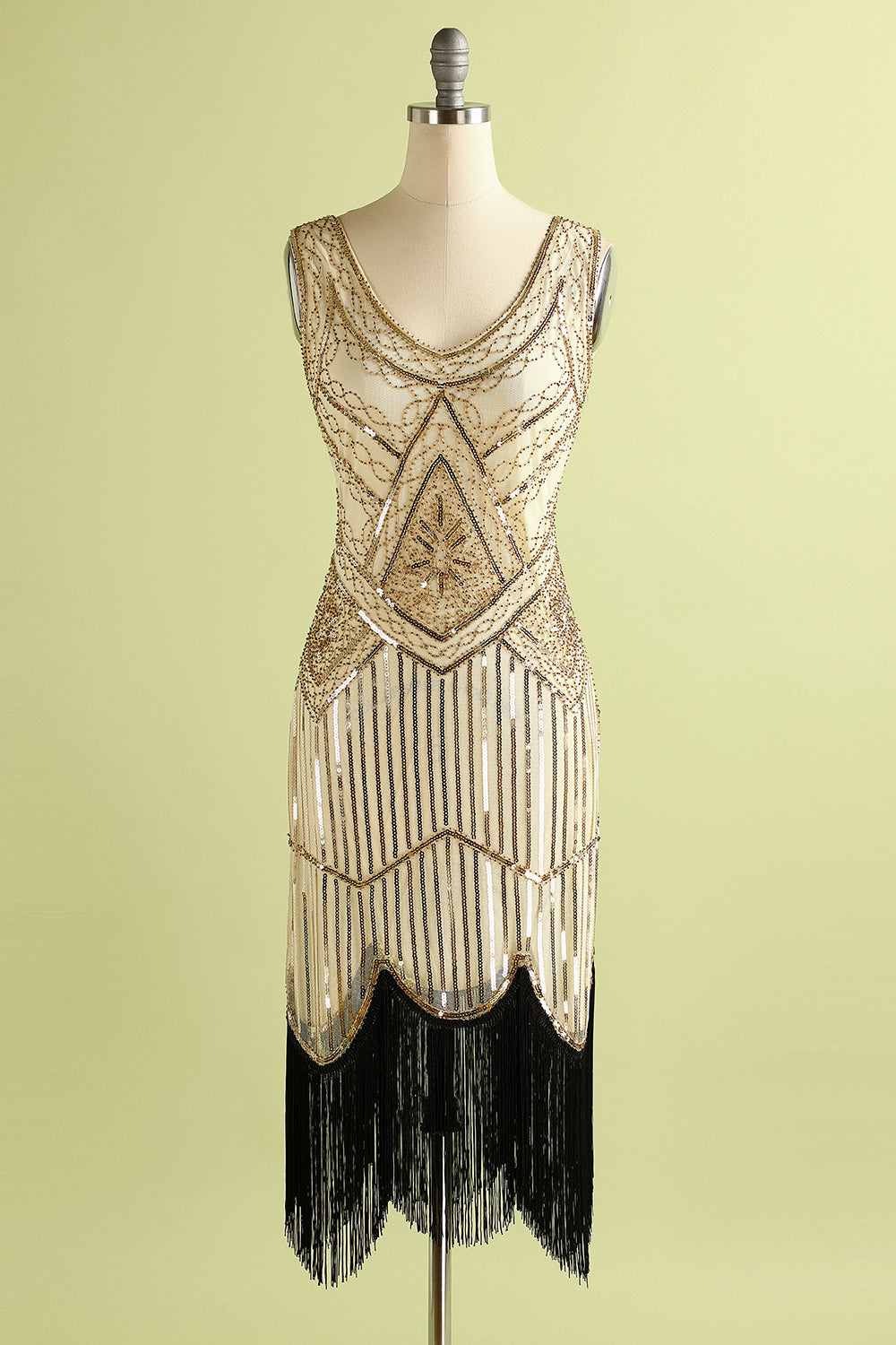 1920s Champagne Fringe Sequins Dress