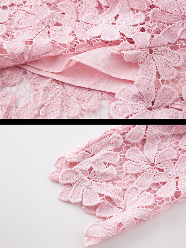 Floral Lace Round Neck Elbow Sleeve Scalloped Hem Shift Mini Dress