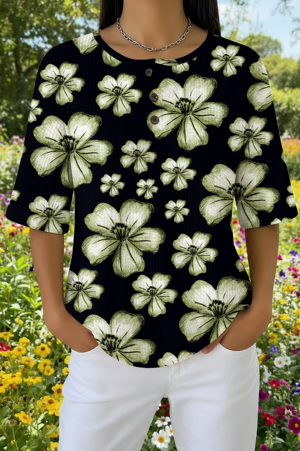 Womens Black White Floral Print Casual Henley Shirt