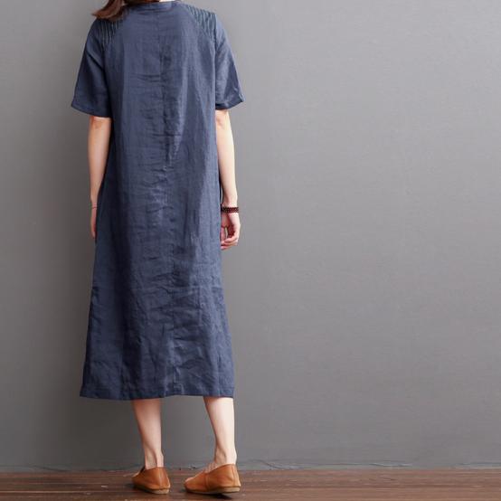 Navy linen dresses for summer patchwork asymmetrical desgin sundress