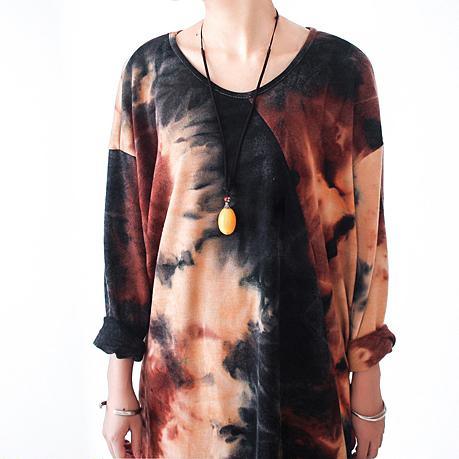 Tie Dye Print Long Sleeve Oversized Crew Neck Midi Dress