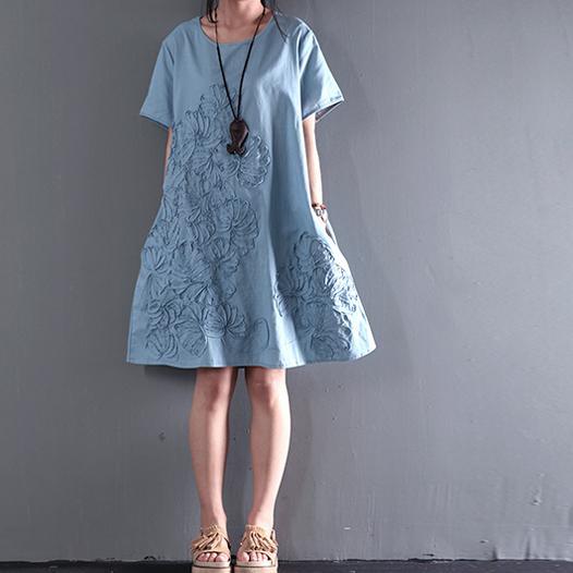 blue short sleeve sundress Appliques summer blouse holiday shift dresses