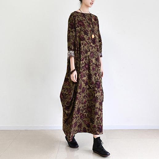 Fall Brown Baggy Long Sleeve Linen Dresses Long Cotton Maxi Dress