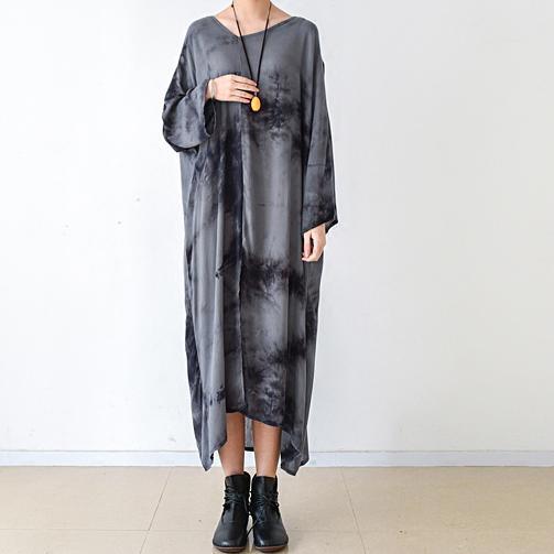 fall gray floral linen dresses asymmetrical long sleeve cotton dress plus size clothing