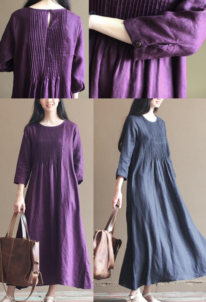 fall navy pleated linen dresses bracelet sleeve linen maxi dress caftans