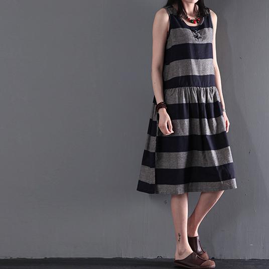 gray strip linen sundress summer sleeveless fit flare dress