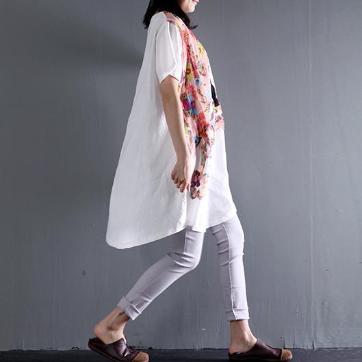 plus size White linen summer blouse shirt dress floral sundress