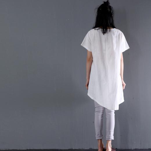 plus size White linen summer blouse shirt dress floral sundress