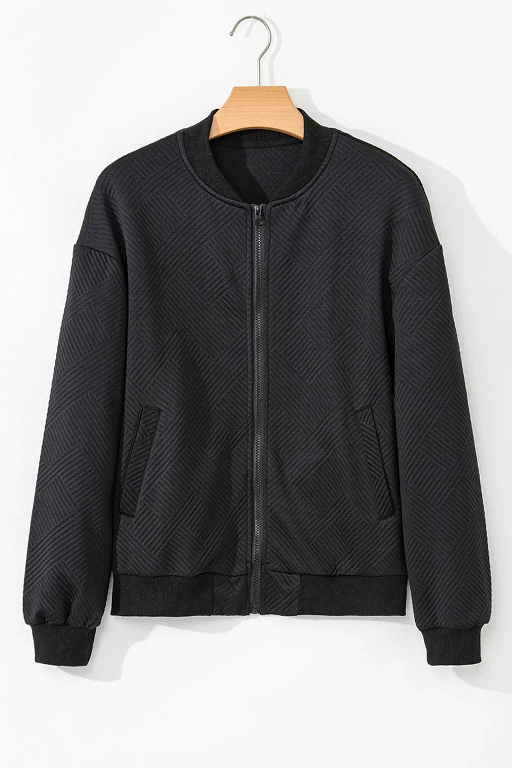 Textured Knit Zip Front Drop Shoulder Long Sleeve Bomber Jacket 10