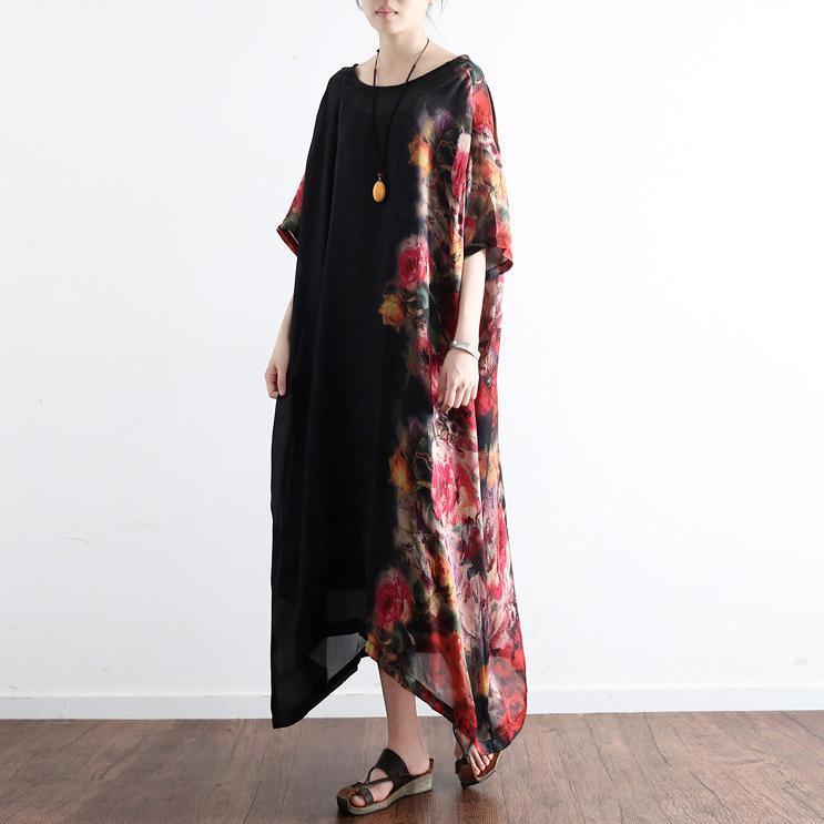 Black Prints Silk Dresses Plus Size Sundress Patchwork Short Sleeve Maxi Dress