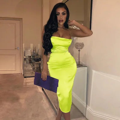 Summer Satin Backless Hollow Out Midi Dress