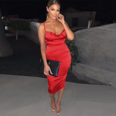 Summer Satin Backless Hollow Out Midi Dress