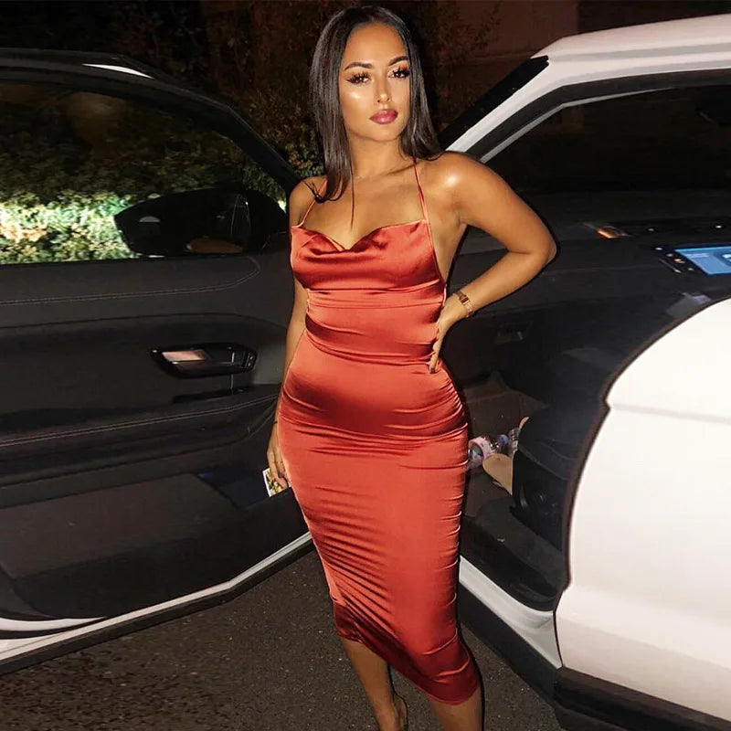 Summer Satin Backless Hollow Out Midi Dress