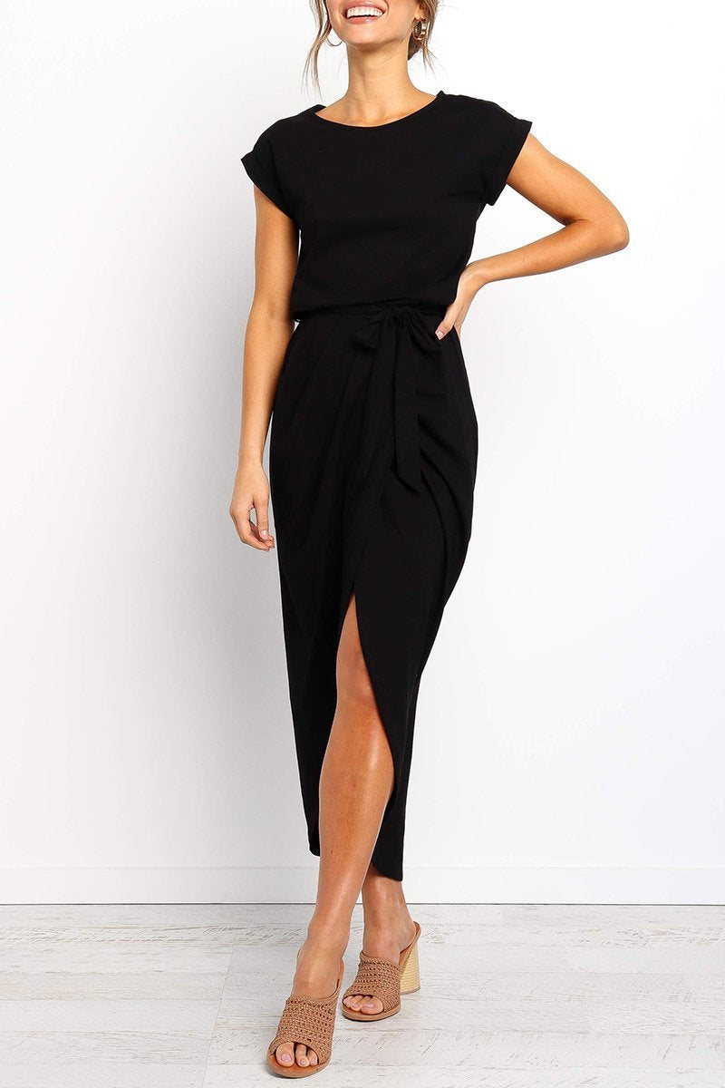 Short Sleeve Tie Waist Wrap Tulip Hem Midi Dress