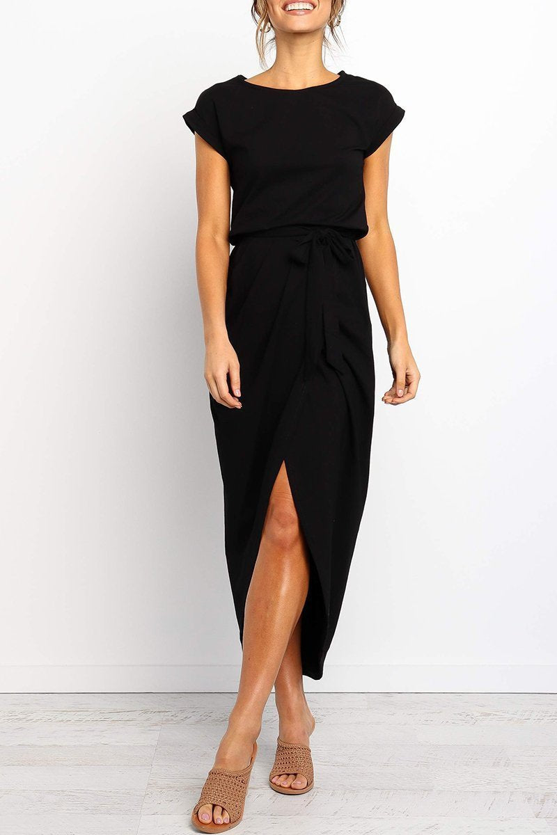 Short Sleeve Tie Waist Wrap Tulip Hem Midi Dress