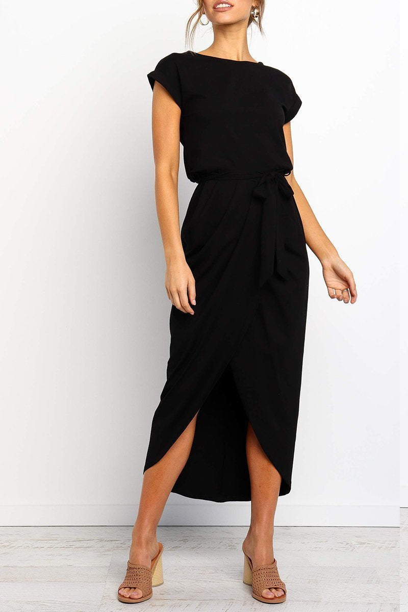 Short Sleeve Tie Waist Wrap Tulip Hem Midi Dress