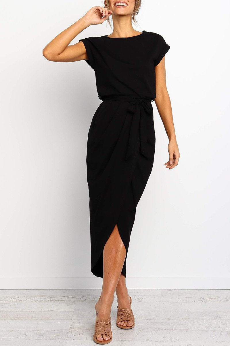 Short Sleeve Tie Waist Wrap Tulip Hem Midi Dress
