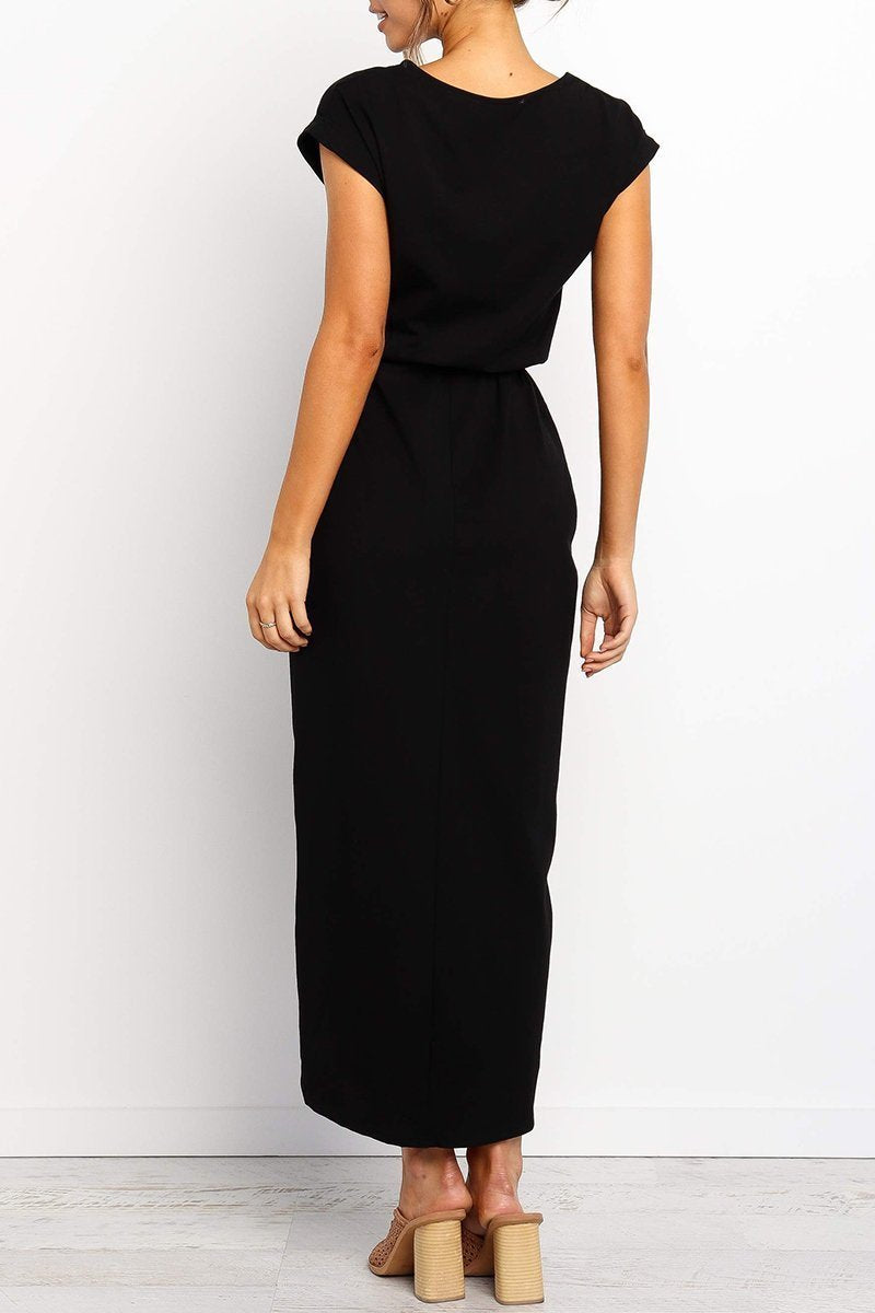 Short Sleeve Tie Waist Wrap Tulip Hem Midi Dress