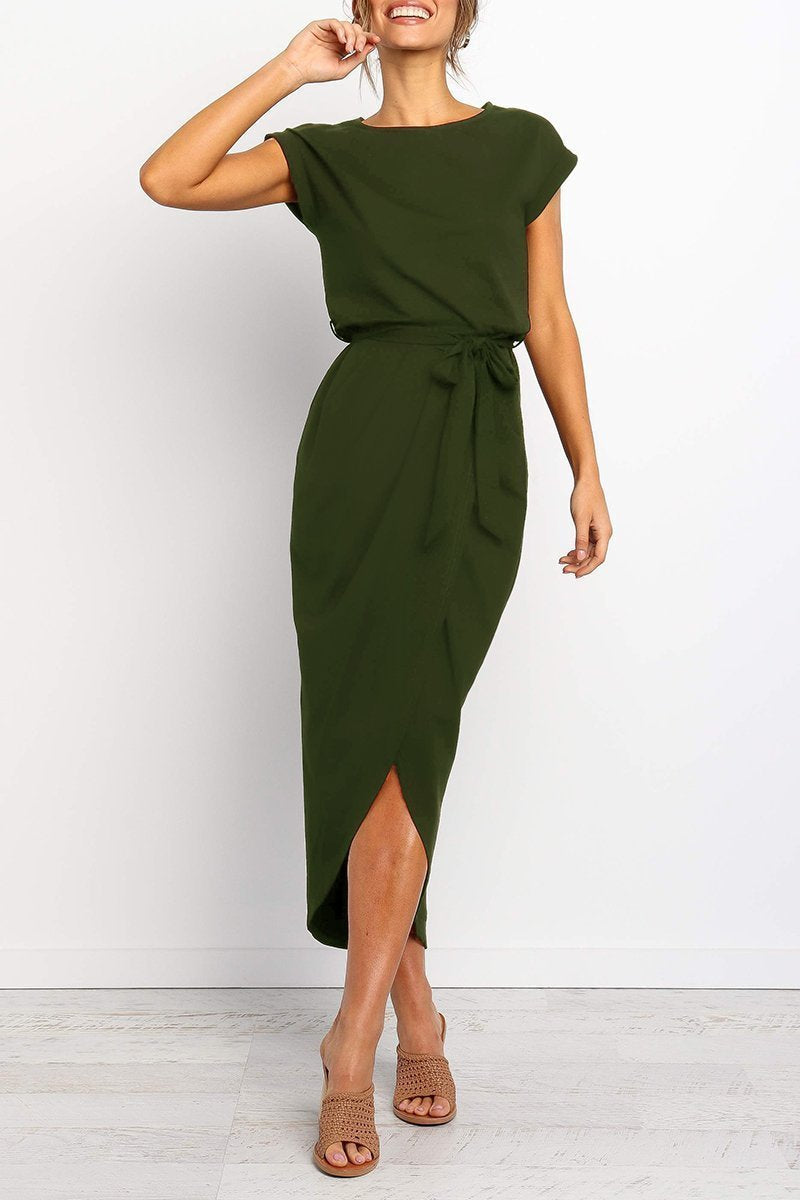 Short Sleeve Tie Waist Wrap Tulip Hem Midi Dress