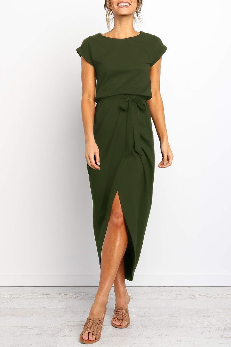 Short Sleeve Tie Waist Wrap Tulip Hem Midi Dress