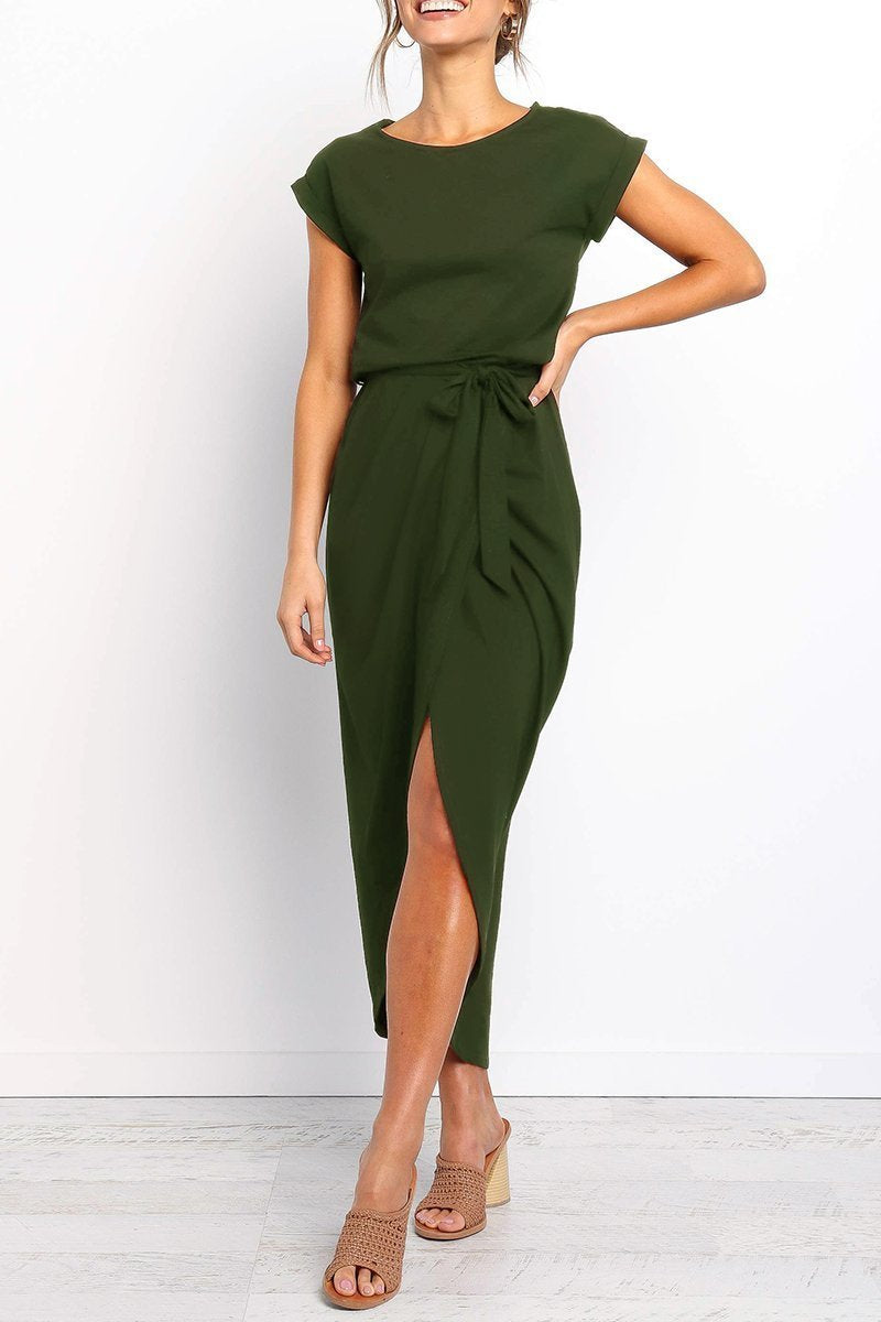 Short Sleeve Tie Waist Wrap Tulip Hem Midi Dress